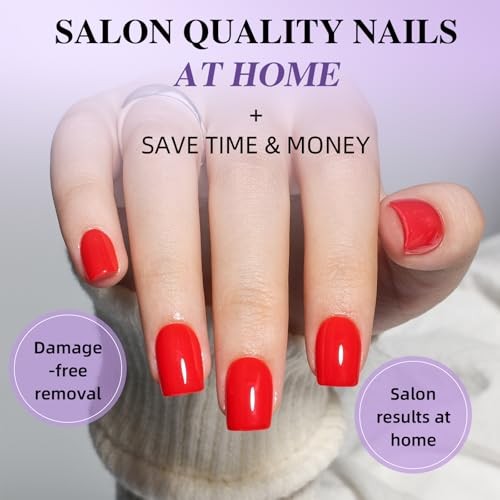 Red Press On Nails Short Square, Bright Red Glossy Fake Nails A2-Classic Red