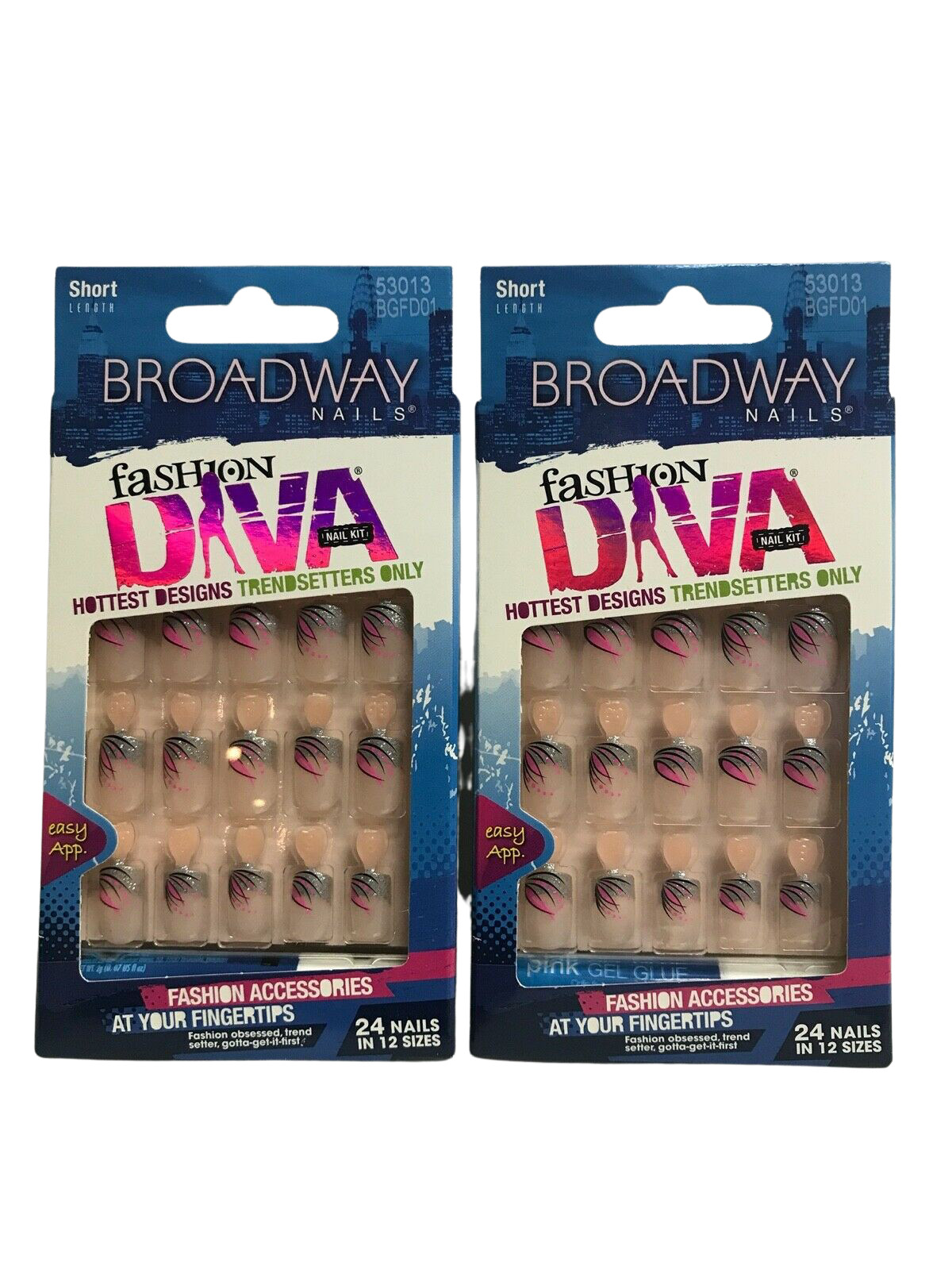 (2) KISS BROADWAY FASHION DIVA NAILS PINK, SILVER BLACK SHORT BGFD01 No Glue