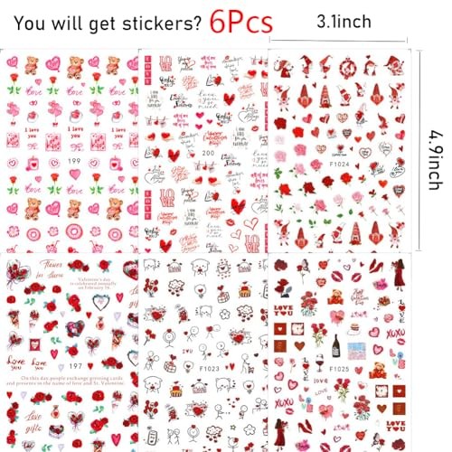 6 Sheets Valentines Nail Stickers, 3D Self-Adhesive Heart Nail Red Heart