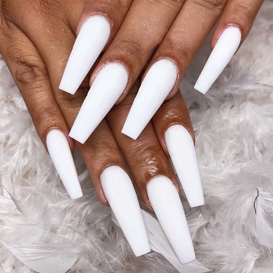 Matte White Press on Nails Coffin Long Fake Nails Solid Acrylic False Nails w…