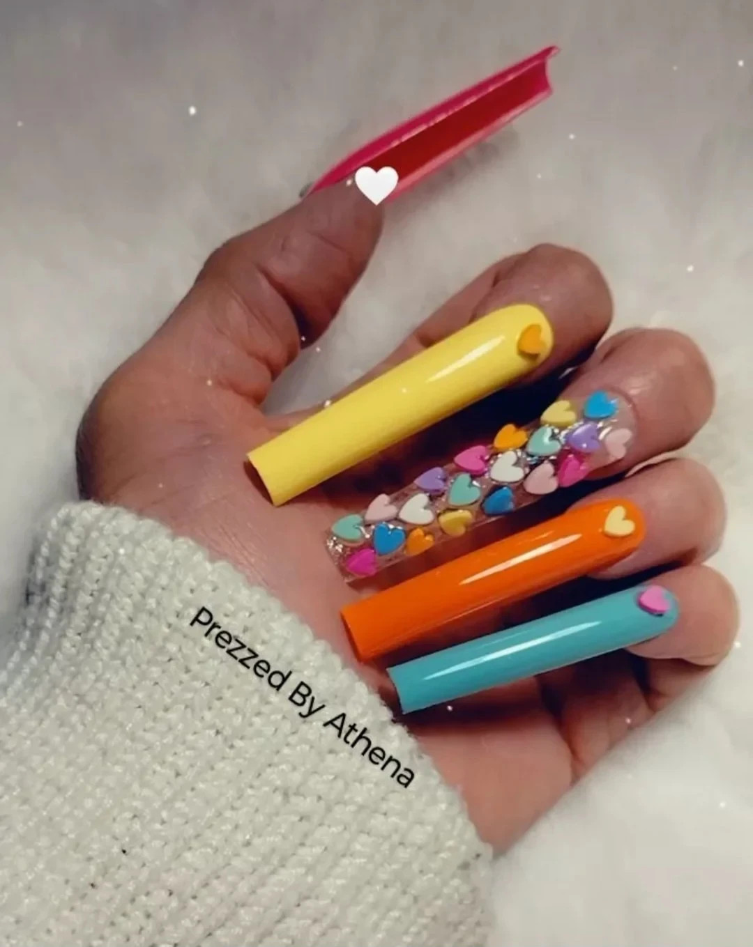 Luxury Handmade Press-On Nails I Reusable I Colorful Hearts I Square Shape l 3XL