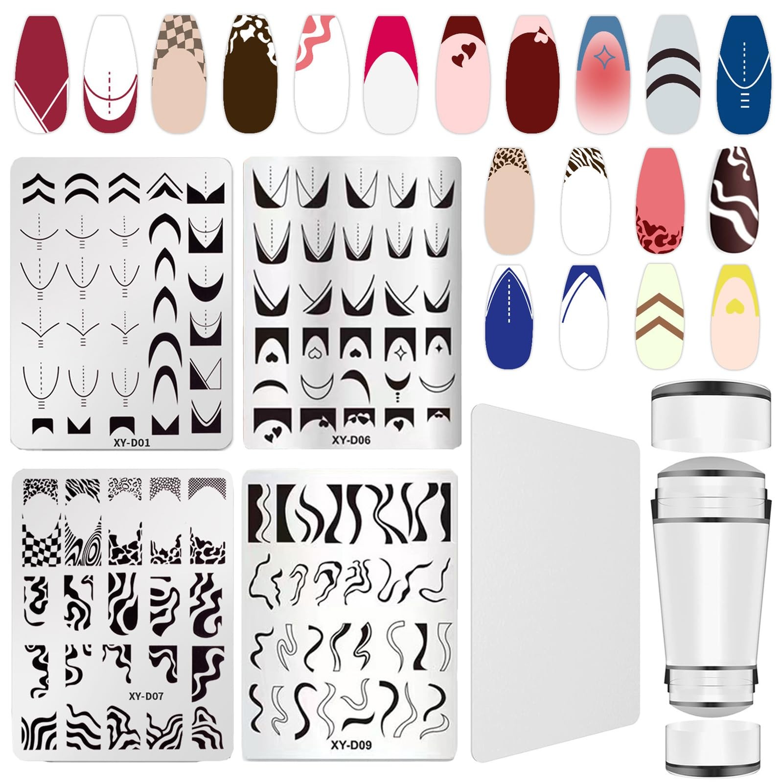 French Line Nail Stamper Plates Kit, 4Pcs Nail Stamping Plates + Dual-end Sil…