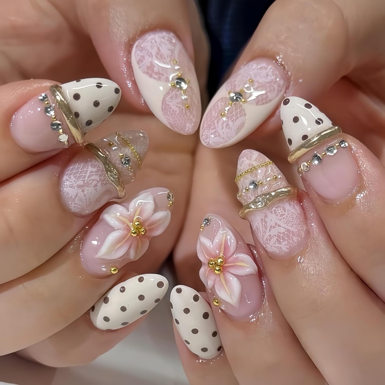 24Pcs 3D Flower Press on Nails Almond Polka Dot French Tip Fake Nails with Flora