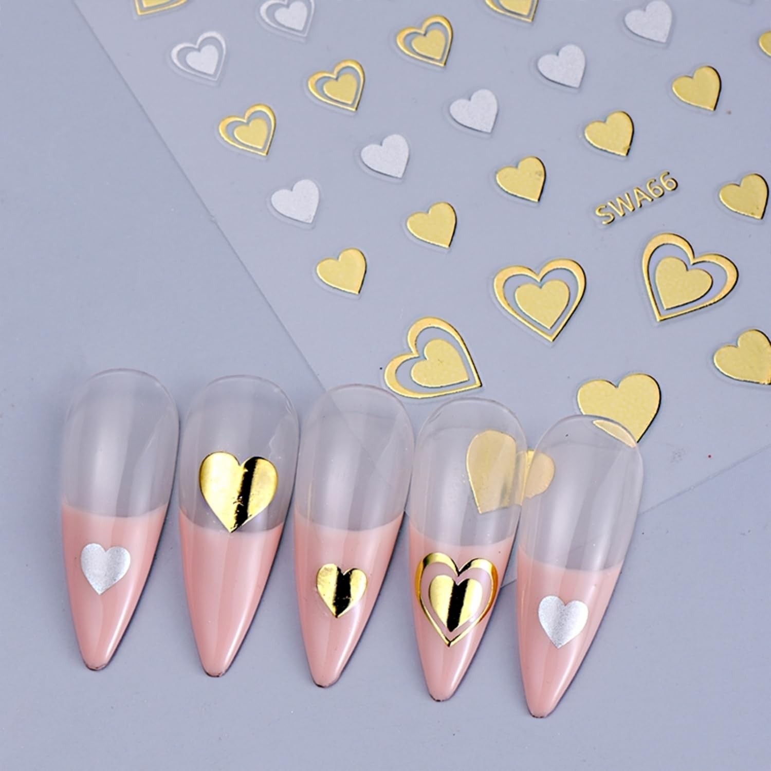 8 Sheets Heart Nail Art Stickers 3D Self Adhesive Gold Pink Decals