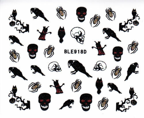 Nail Art 3D Glitter Decal Stickers Halloween Skull Crow Spider Owl BLE918D