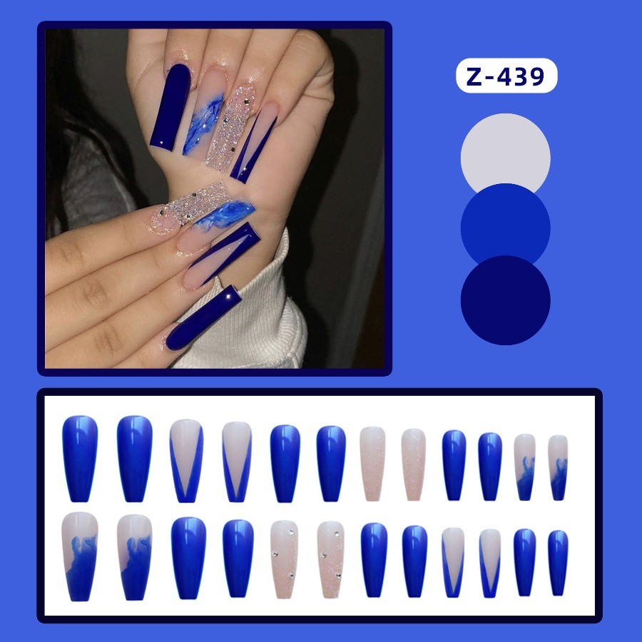 48Pcs Blue Marble Glitter French Coffin Press on Nails, Bright Trendy Fake Nails