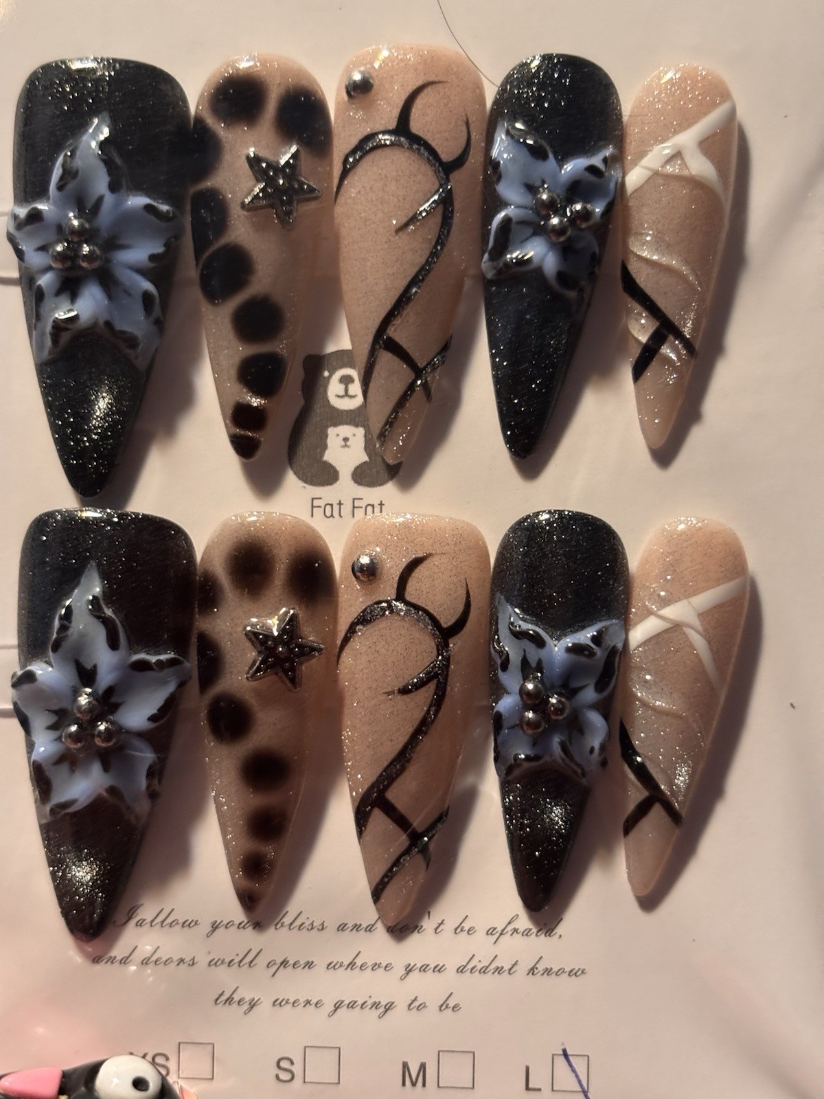Black/Beige Shimmer Press-On Nails Long Stiletto Full Cover Pre-Designed large