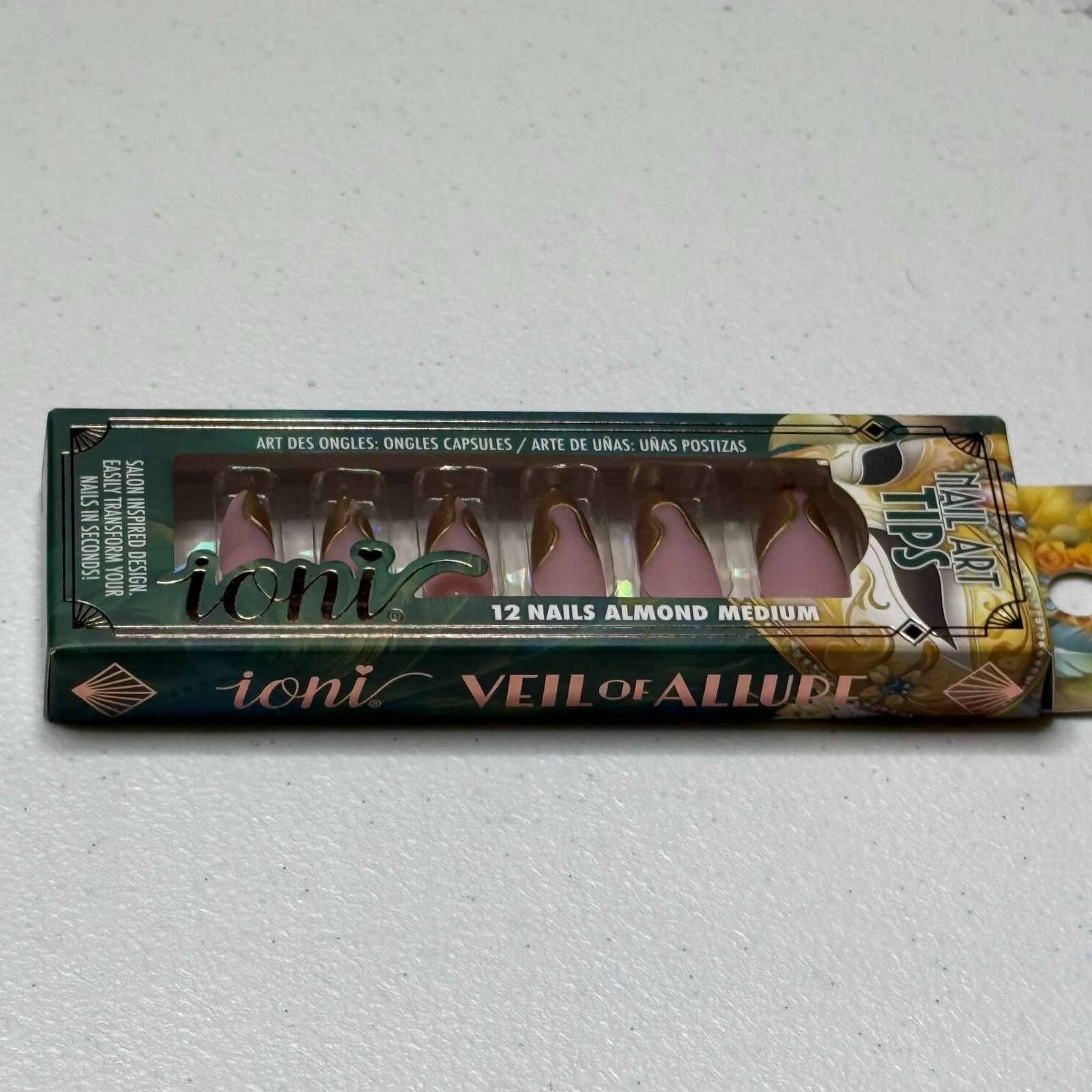 ioni Press On Nails Almond Medium Pink Gold Swirl Veil of Allure 12pc NWT