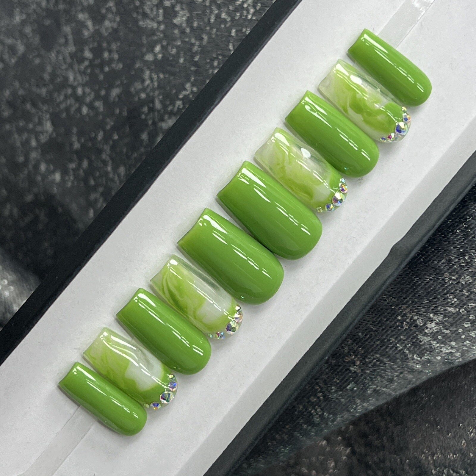 🍏 CUSTOM Gel Press On Nails, GREEN W/ BLING, 10p Set, FULL KIT, Medium Square