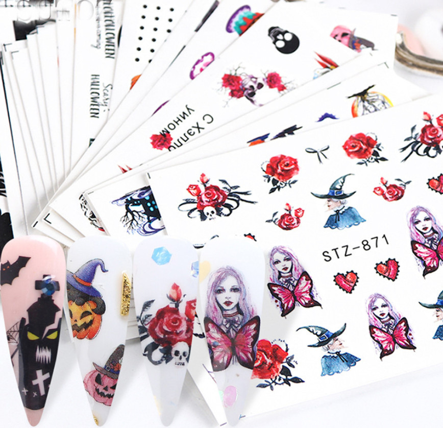 24 Sheets Nail Art Stickers Water Decals Transfers Halloween Graveyard Star NH15