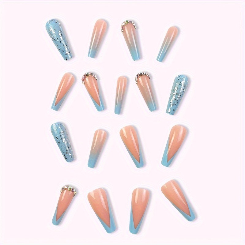 48pcs Baby Blue & Nude Press on Nails Long Coffin with Ombre and Silver Glitter