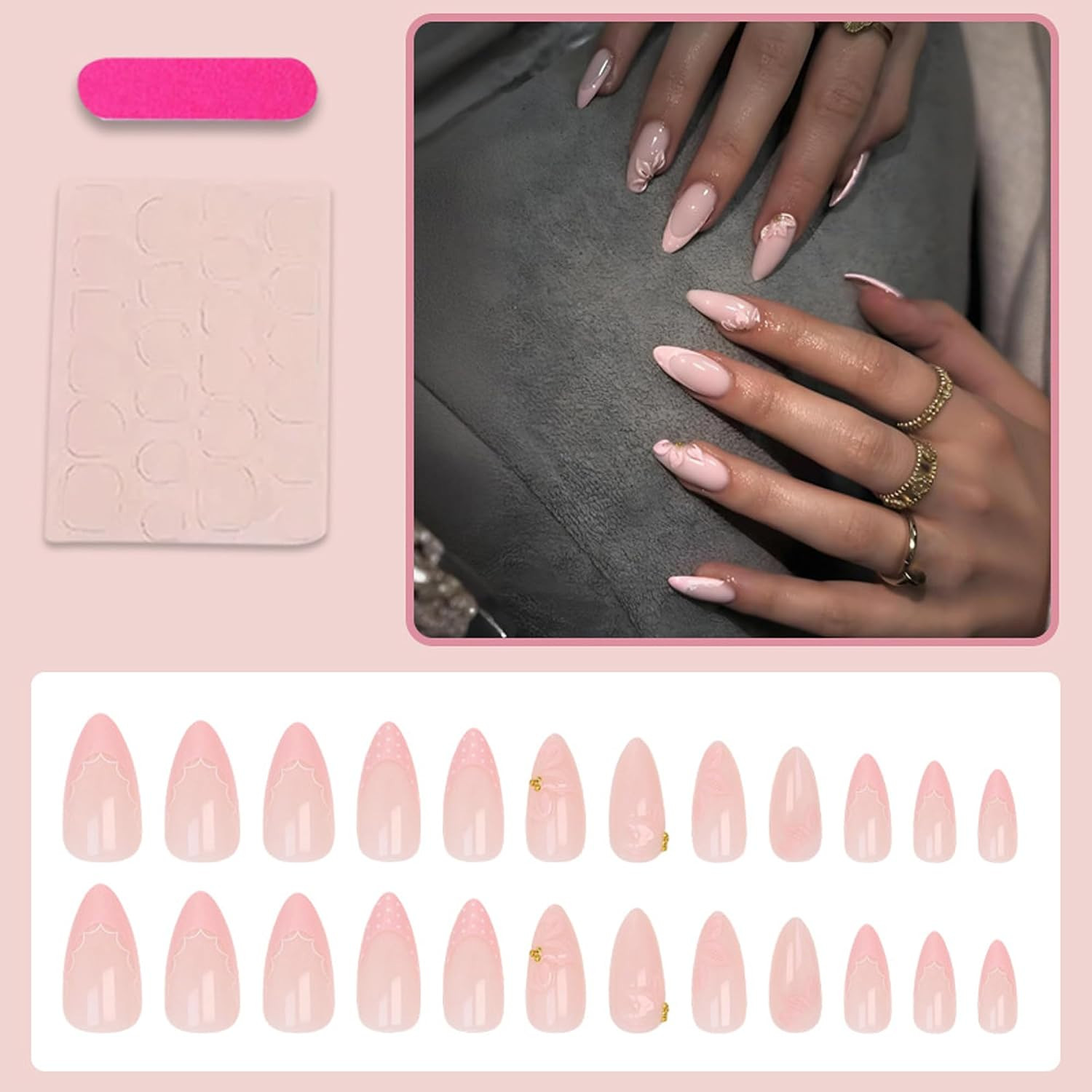 24Pcs Light Pink Press on Nails Medium Almond Fake Nails with 3D Floral & Gold R