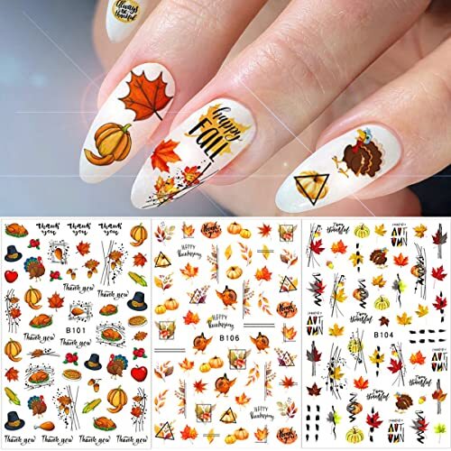 12 Sheets Fall Nail Art Stickers 3D Autumn Leaves Nail Decals Self-Adhesive A2