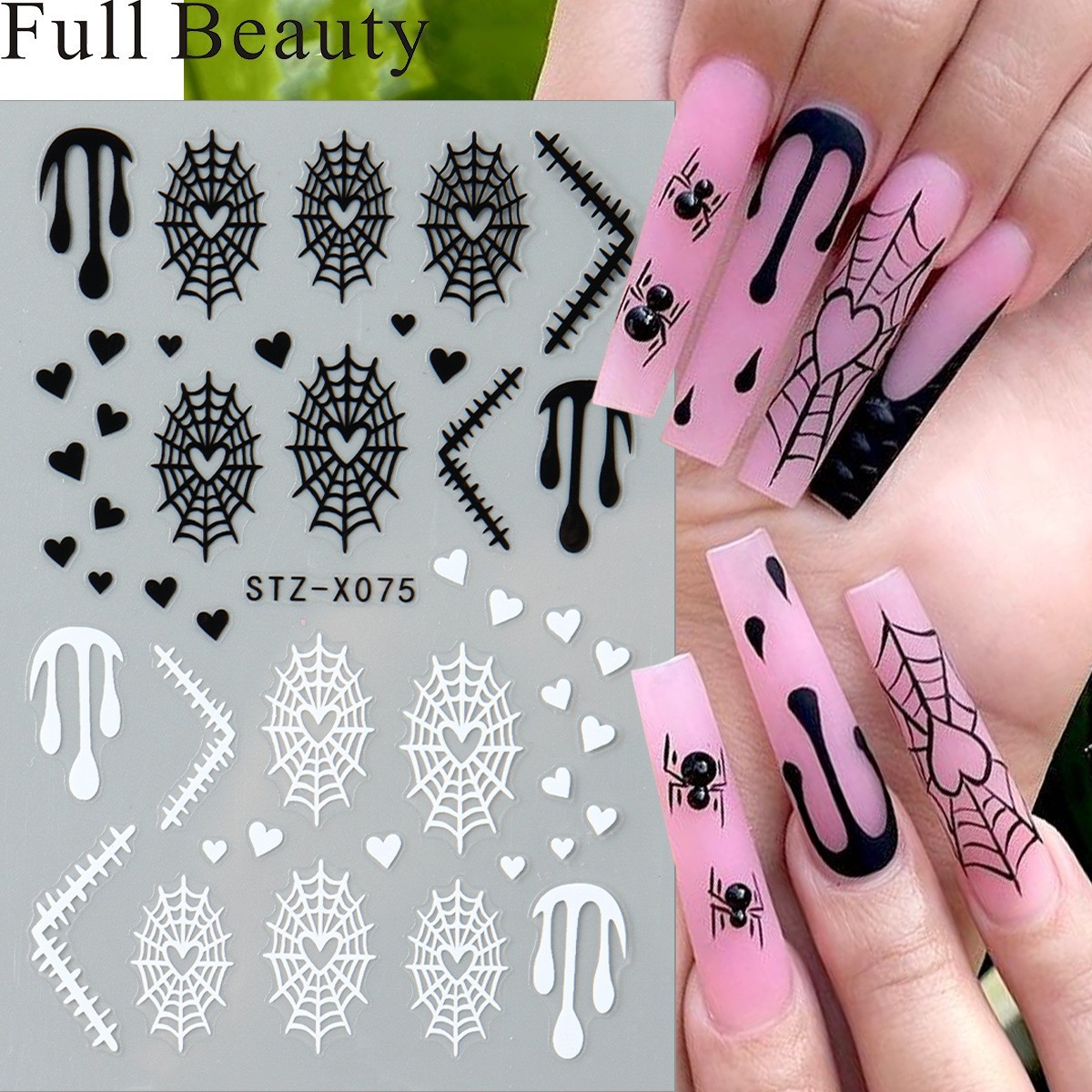 Halloween Nail Art Stickers Black White Spider Web Blood Star French Decals NH30