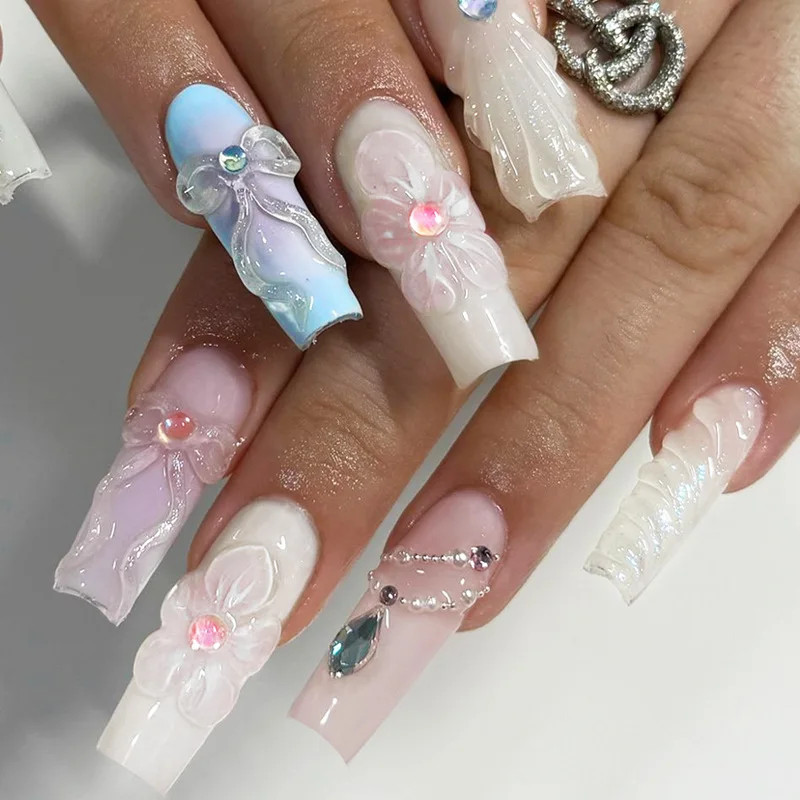 24pcs 3D Flower Bowknot False Nails Y2K Long Coffin Press On Nails