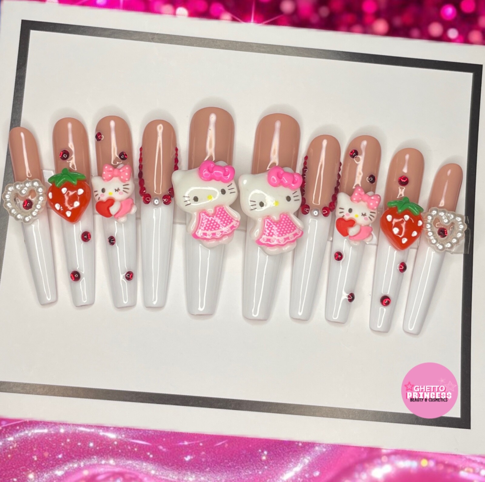 XL Press On Nails, French Tip, Hello Kitty Charms, Colorful Rainbow Nails