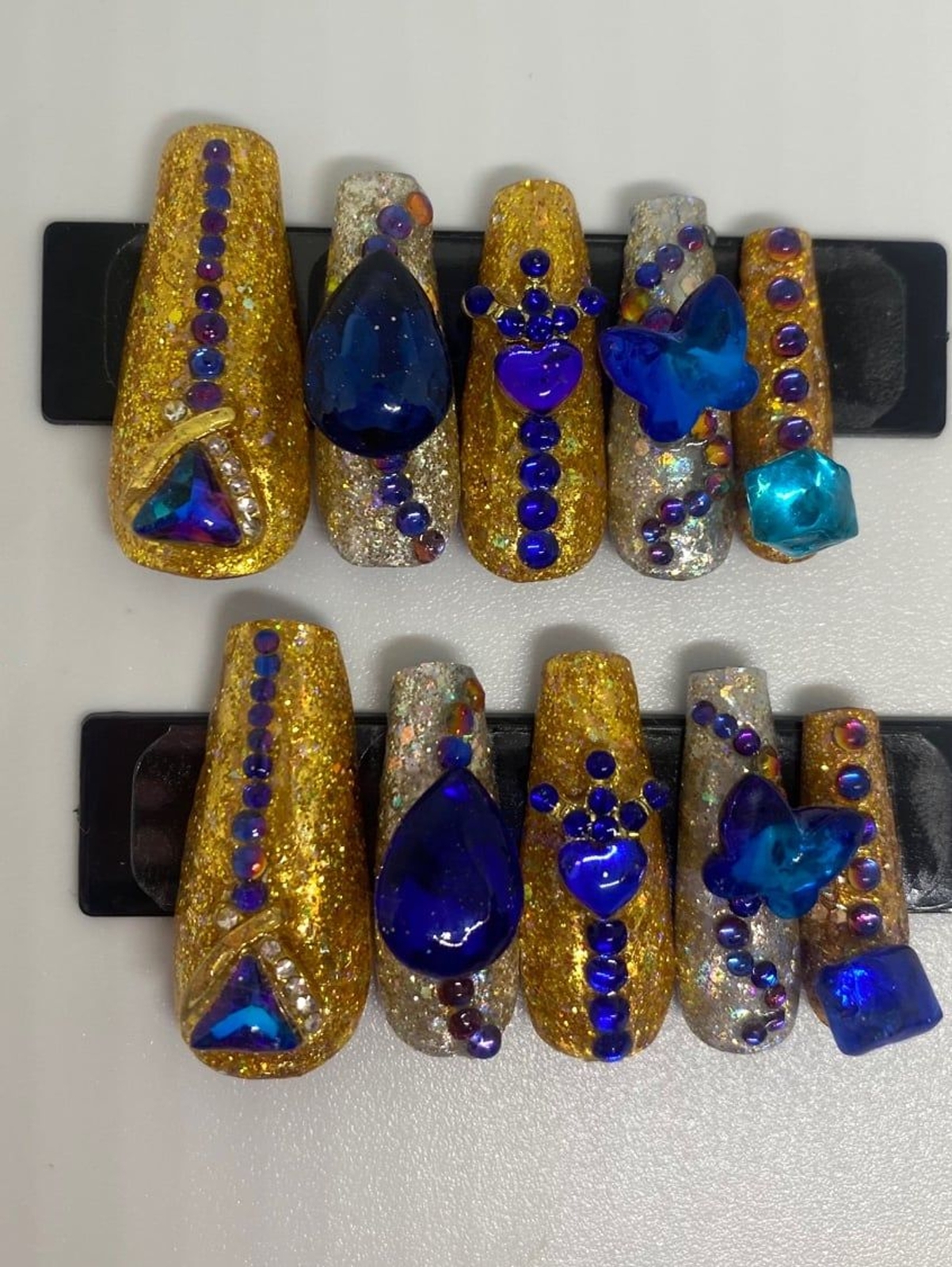 Silver and Gold Foils with Blue Jewels Handmade Press On Nail Set