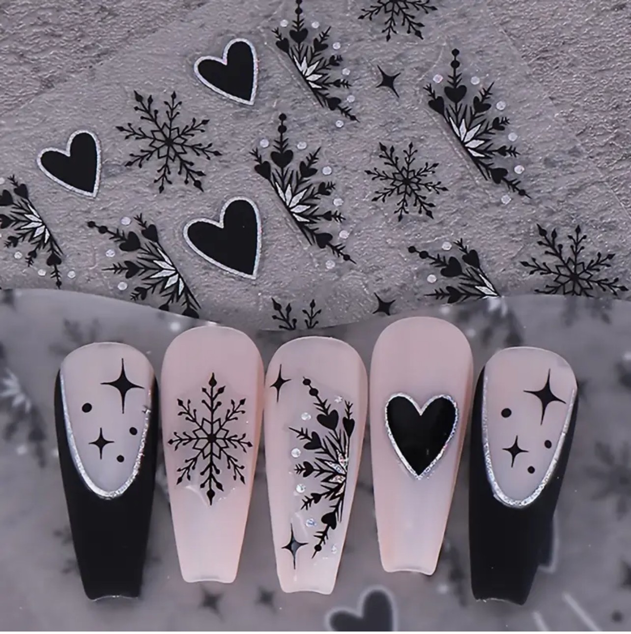 Snowflake Nail Art Stickers For Long Nails Christmas Black White Festive Winter