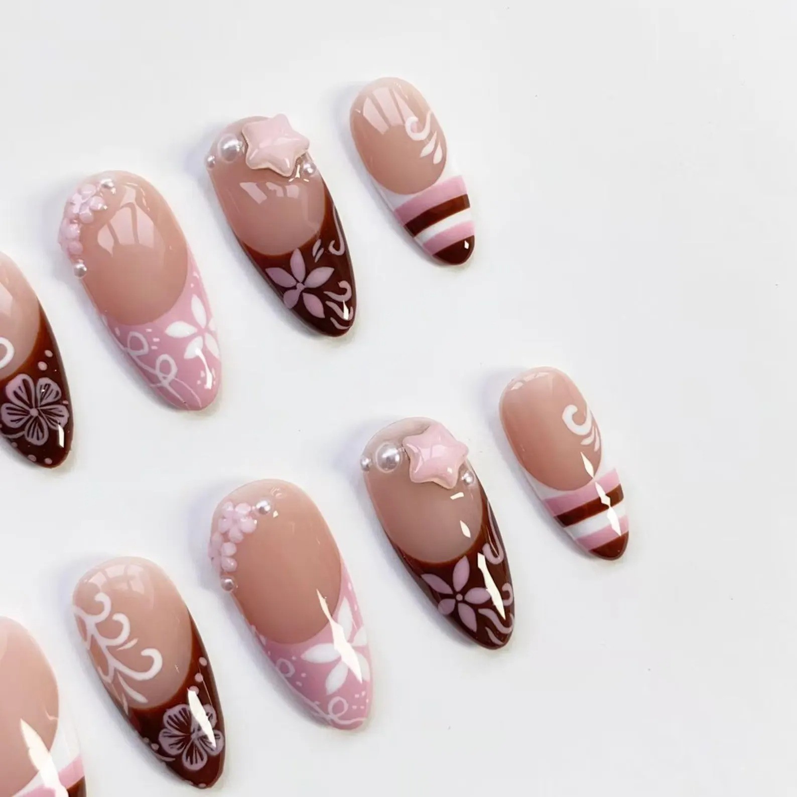 Handmade Kawaii Pink Brown French Y2K Flower Press On Nails All Shapes