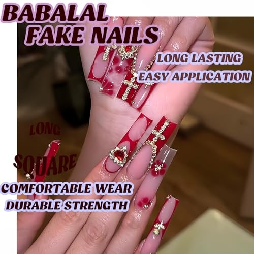 Press on Nails Long Square Fake Nails Red French Tip Acrylic Nails FNP01red