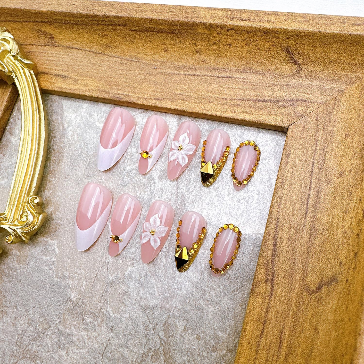 24Pcs French Tip Press on Nails Medium Almond Fake Nails with 3D Flower Gold Rhi