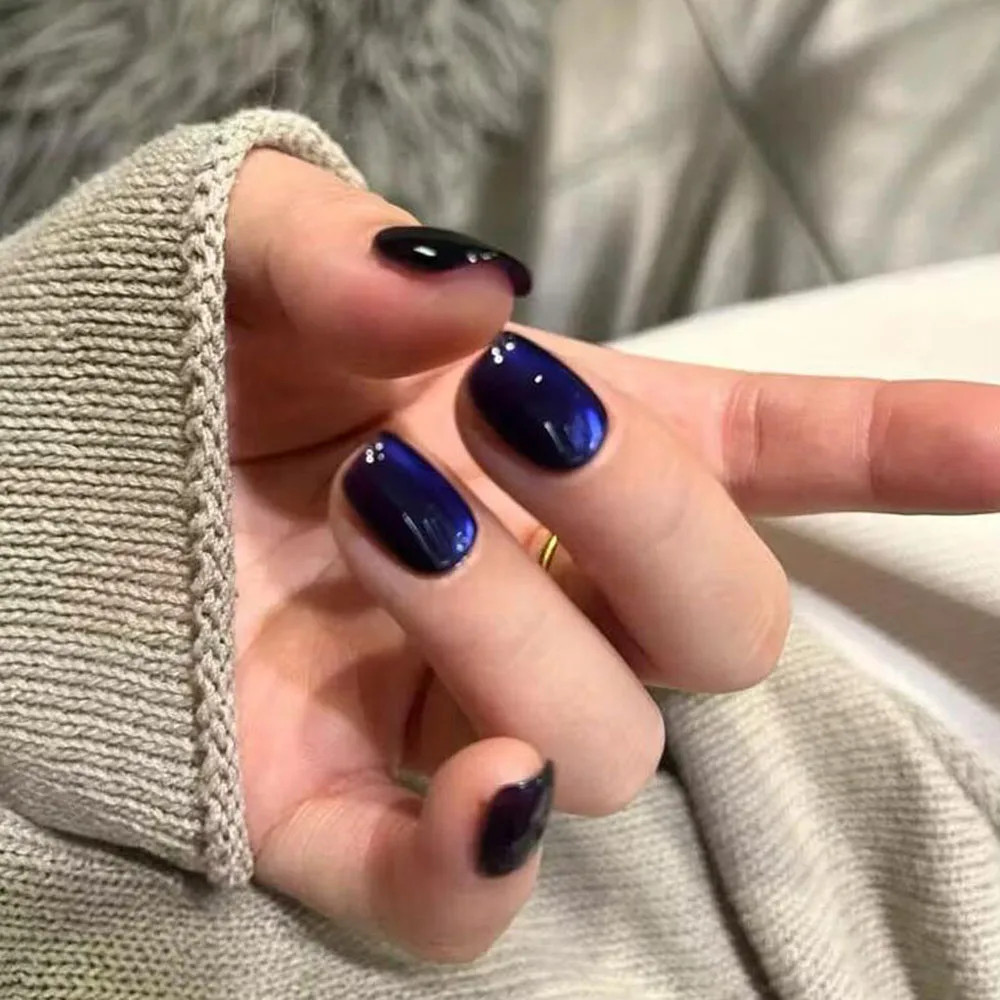 30Pcs Blue Cat eye Wearable Press on Nails Short Square Full Cover False Nails