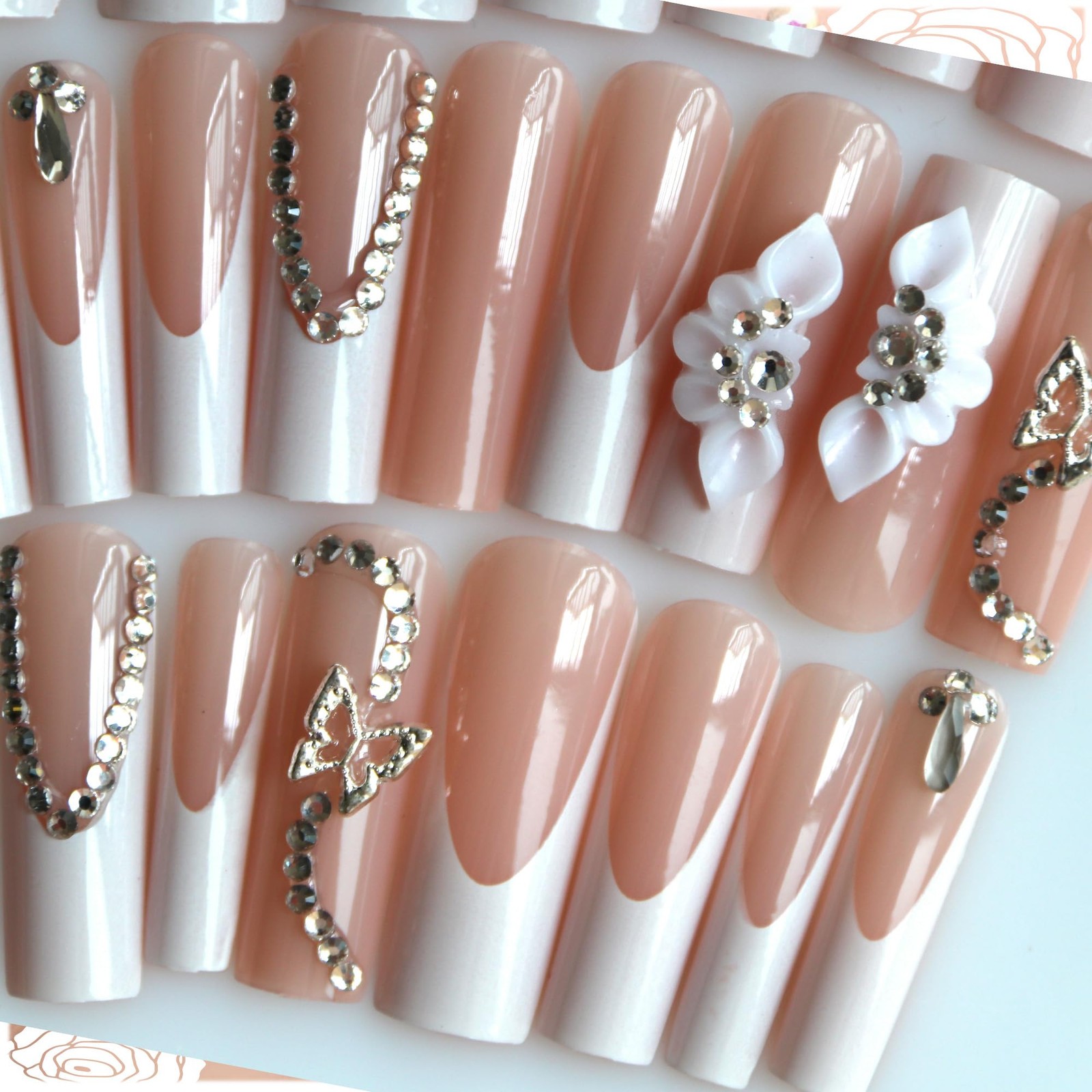 Floral Press on Nails Kit French Tip Nails Press Ons Long Silver butterfly Rh…