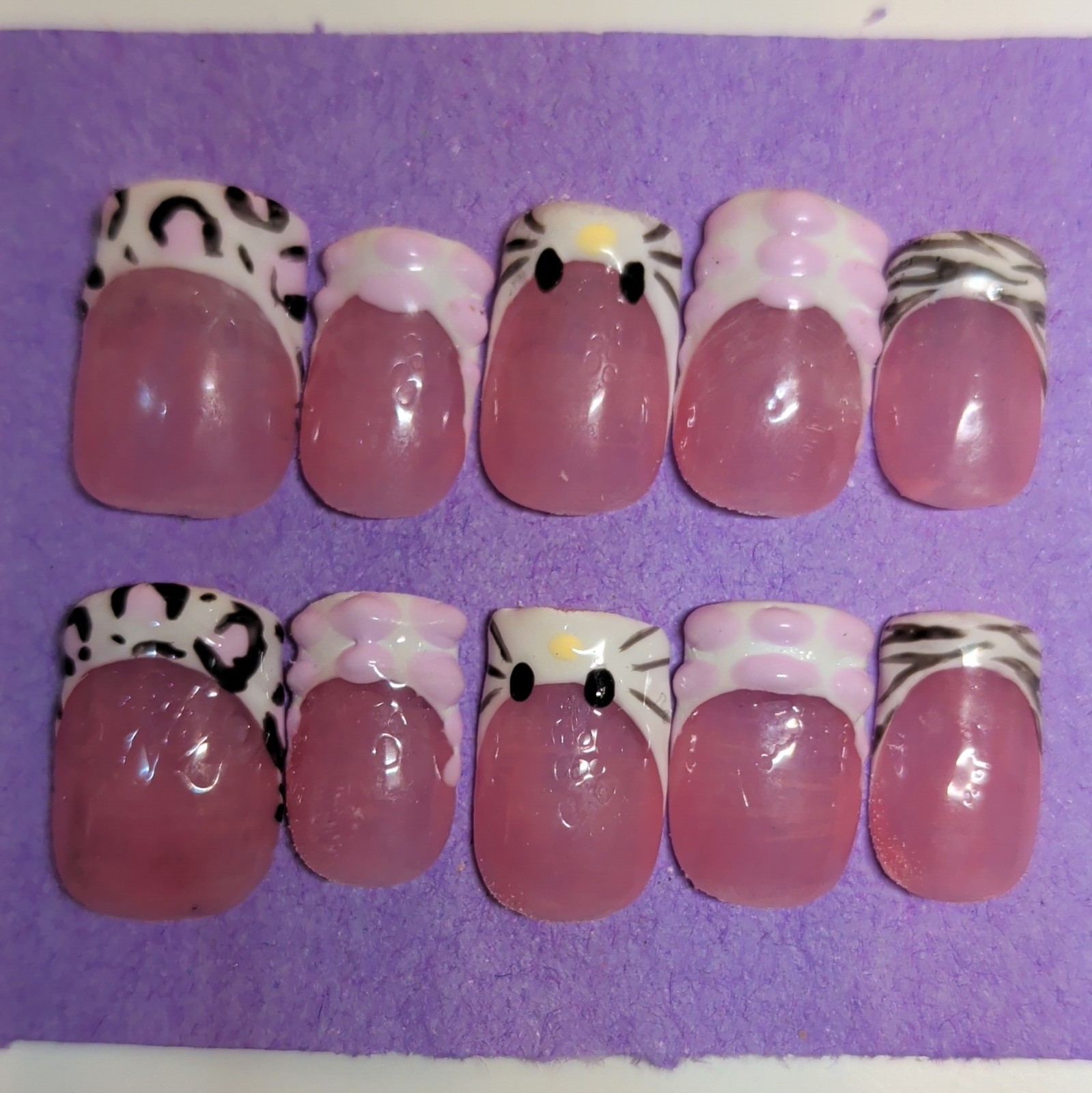 10 Piece Short Square Press-On Nails, Pink White Black 3D Shiny Animal, Handmade