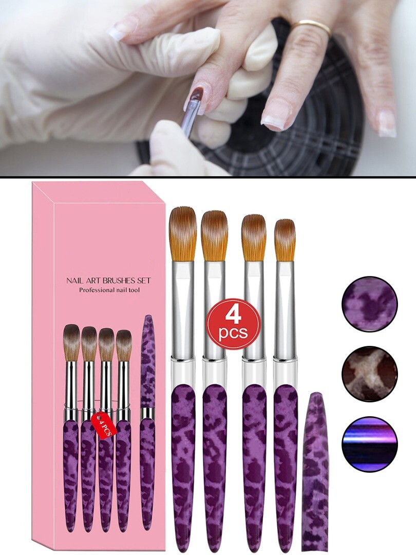 4pcs Kolinsky Nail Art Brush Pen Set for Acrylic Application Manicure E