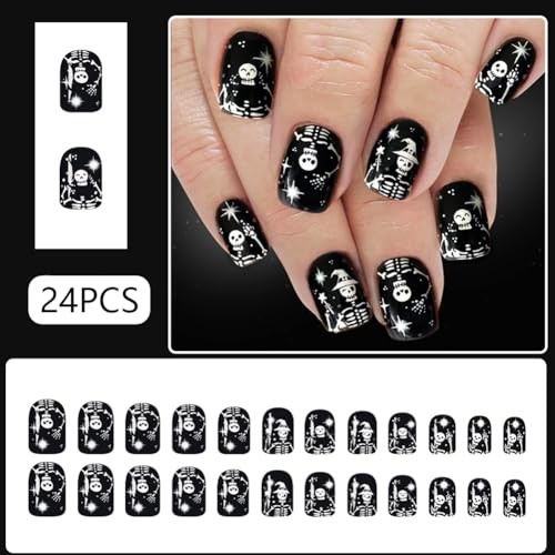 Halloween Press on Nails – Short Square Dark Black Fake Nails with White Skull
