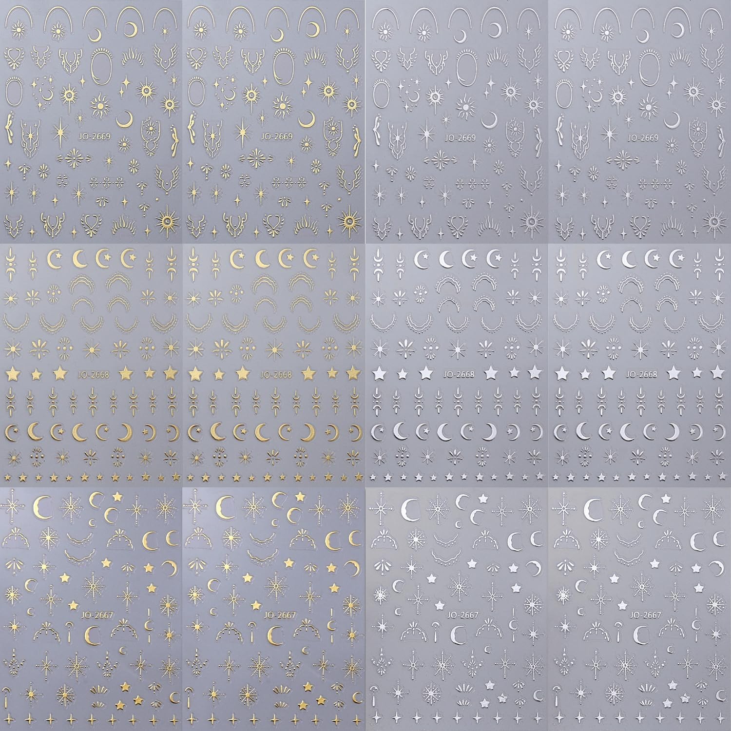 12 Sheets Silver Gold Moon Star Nail Art Stickers – 3D Self Gold Silver Star