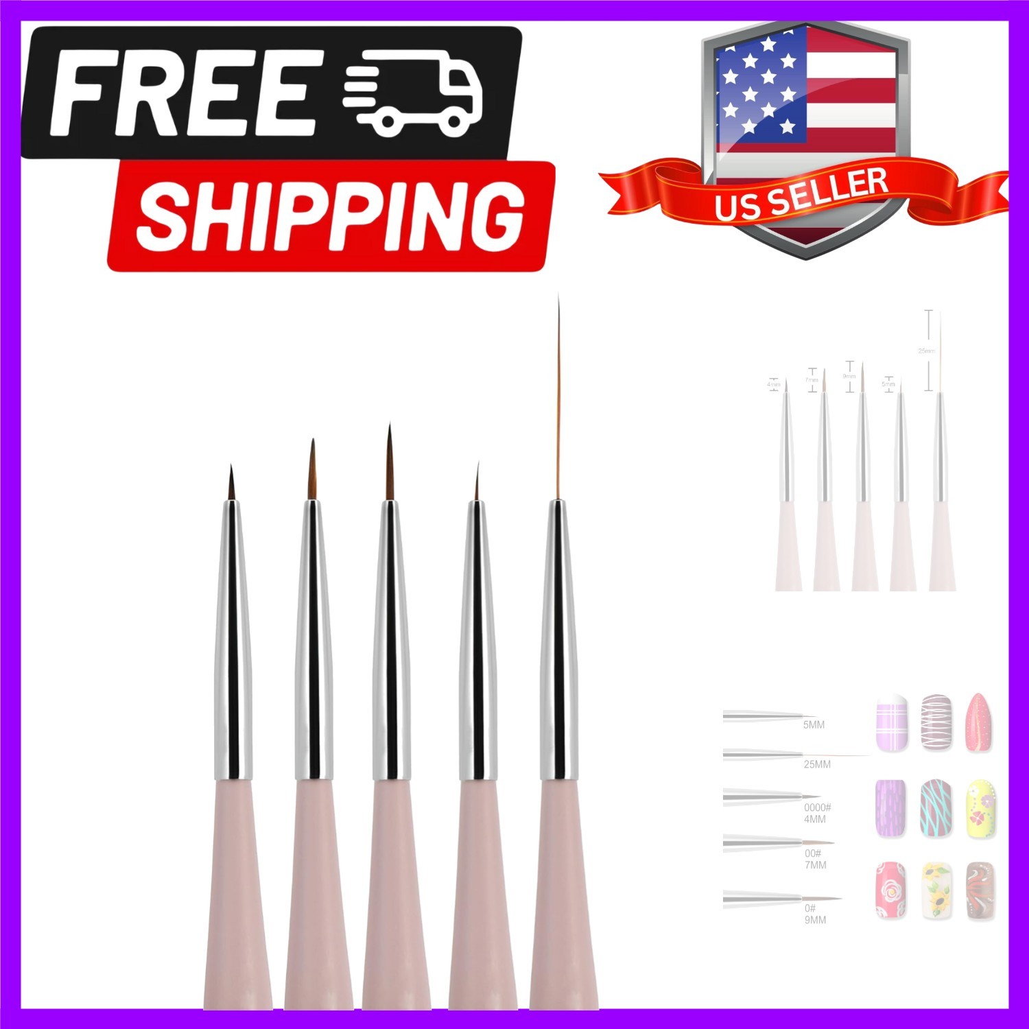 Beaute Galleria 5 Pieces Nail Art Brush Set with Liners 4mm, 7mm, 9mm Stripin…