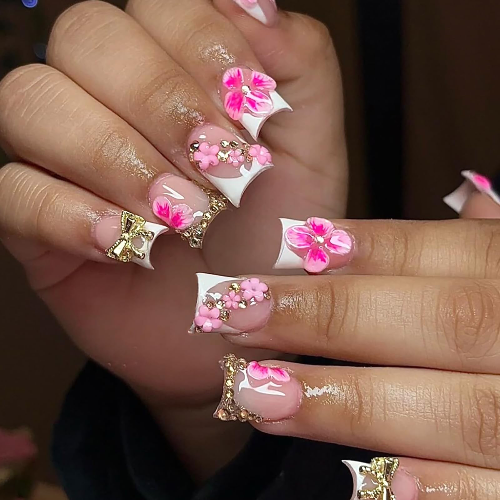 3D Hot Pink Flower Summer Beach Press on Nails Short Duck Shaped,Cute Gold Bo…