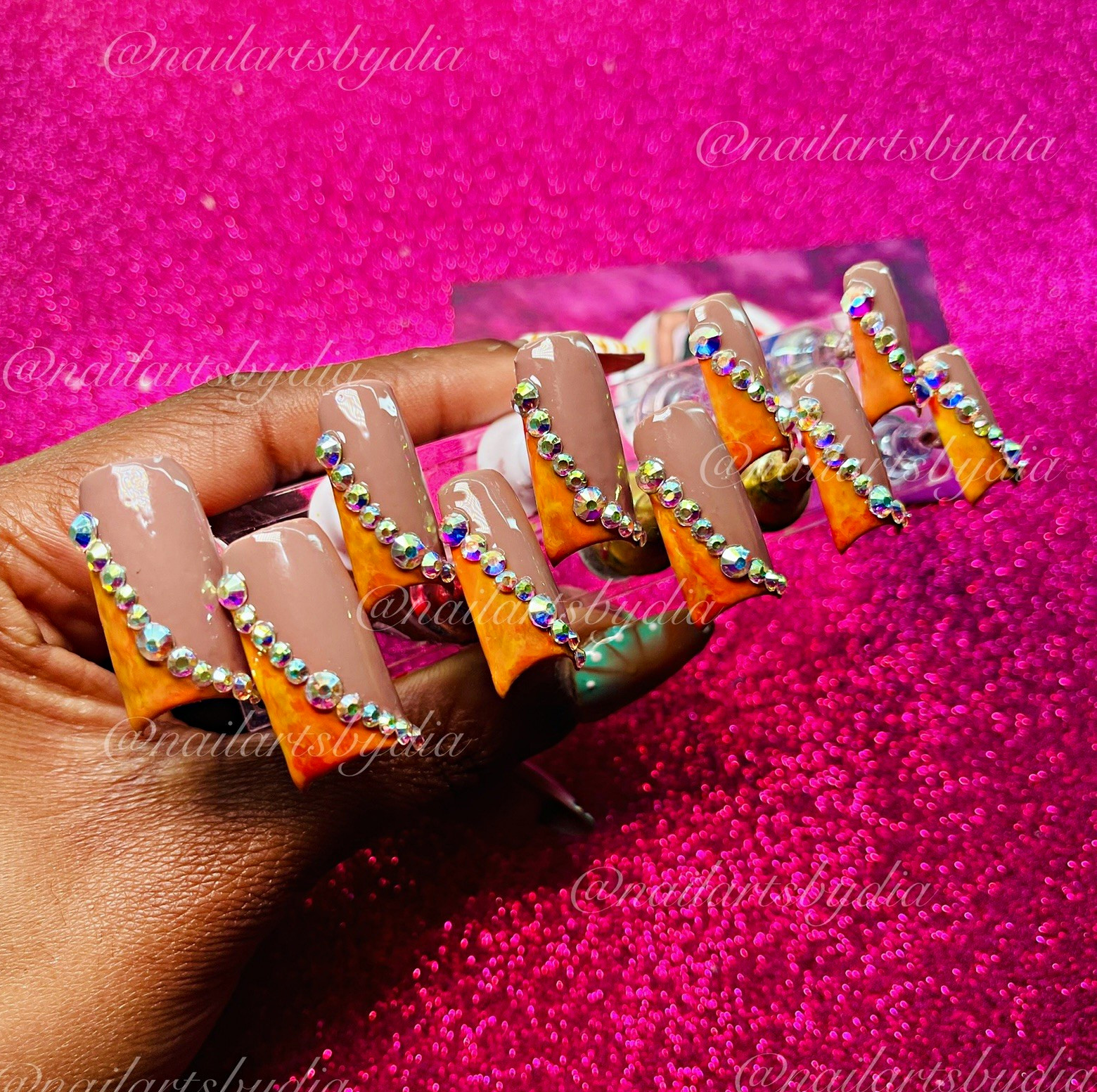 Authentic Nail Arts by Dia Press-On Nails Beige Orange yellow Shiny Rhinestone