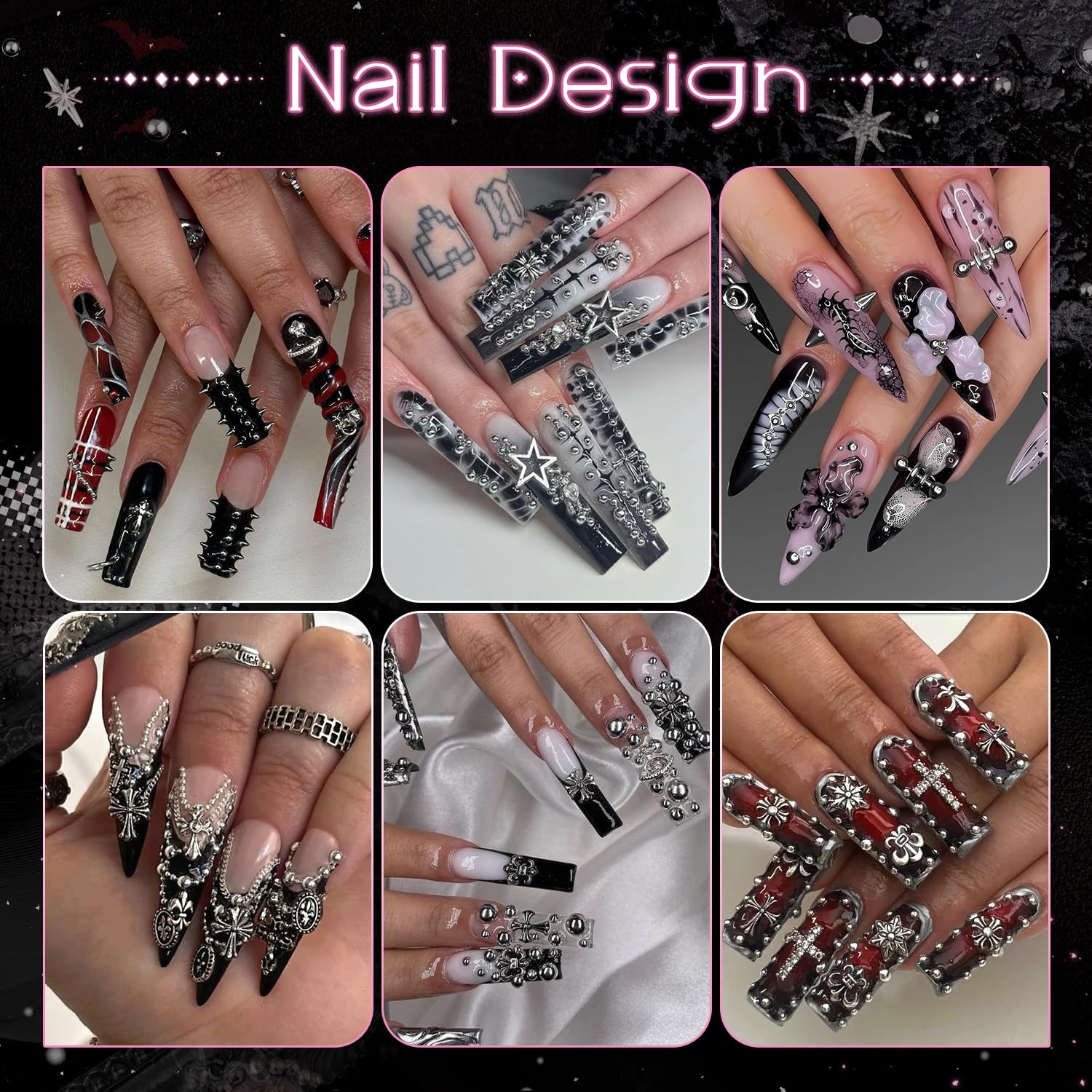 3D Mini Punk Nail Studs Cone Spike Alloy Rivets Black+Silver, Flatback Nail P…