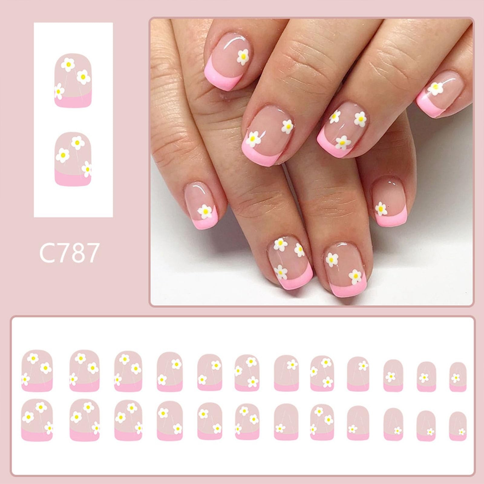 Pink French tip Press on Nails Short Square Fake 24 Fl Oz (Pack of 1),