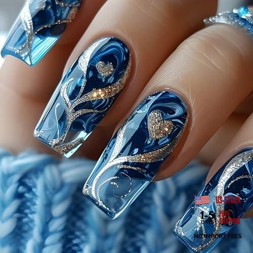 Blue Press on Nails Gradient Fake Nails Silvery Glossy Shiny Stripe Stick CEL10