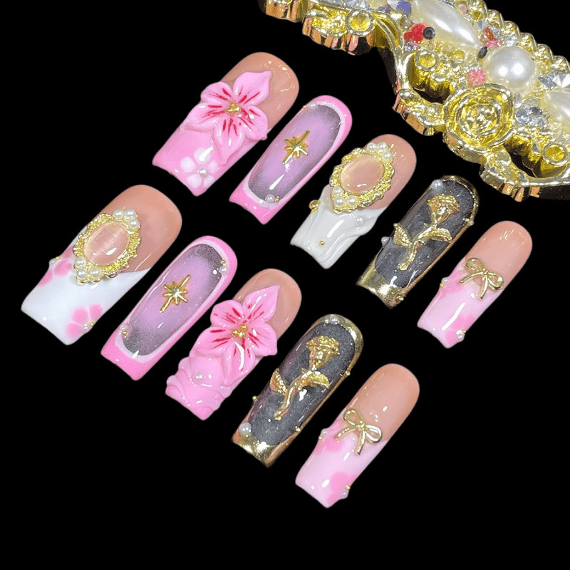 10Pcs Pink Rose Floral Press on Nails Rhinestone Pearl Bow Glam Fake Nails