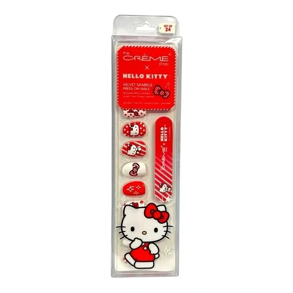 NEW Sanrio Creme Shop x Hello Kitty Velvet Sparkle Press On Nails Short Cute