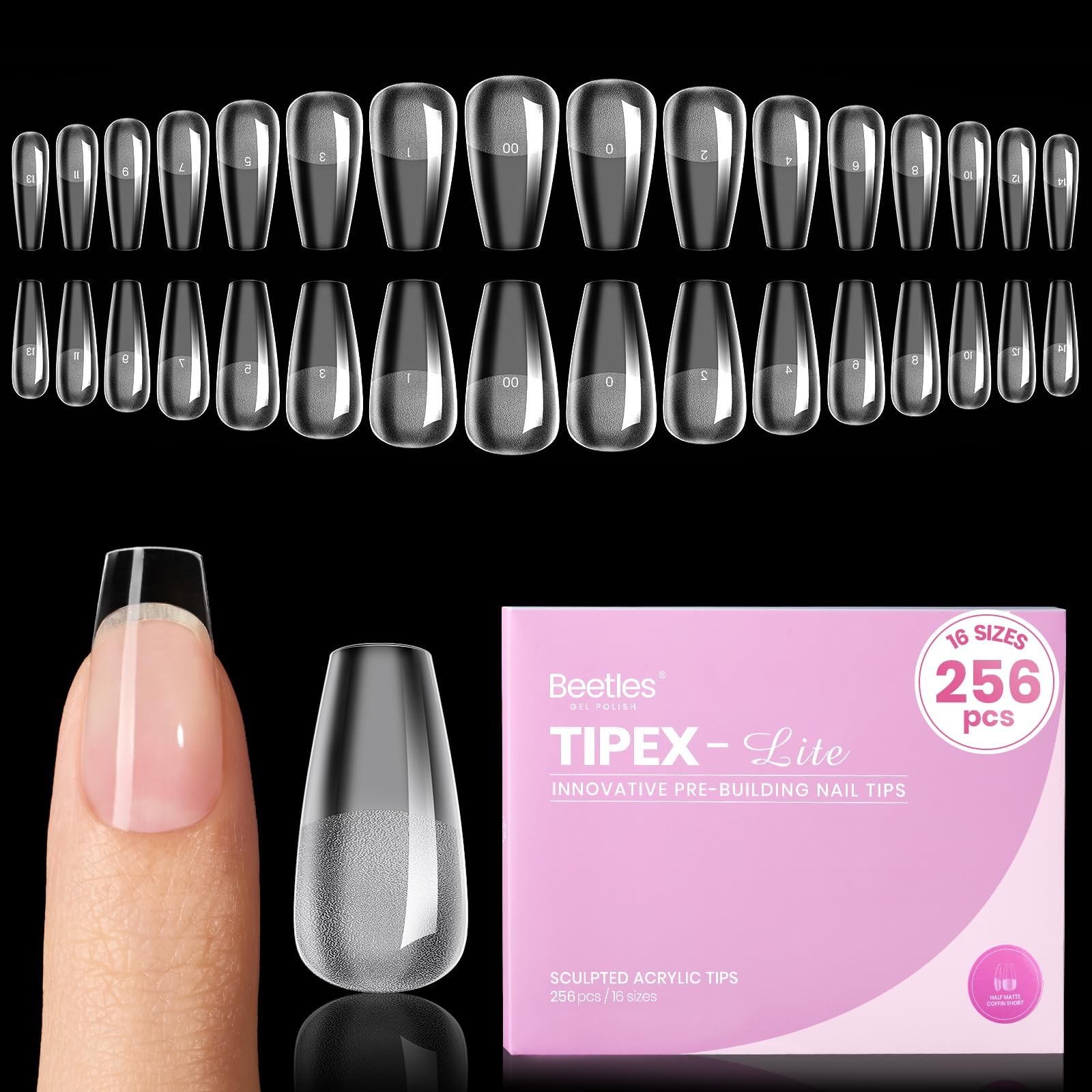 Instant Apex Nail Tips – Short Coffin, 256pcs Value Pack, 16 Sizes 00-14, No Bui