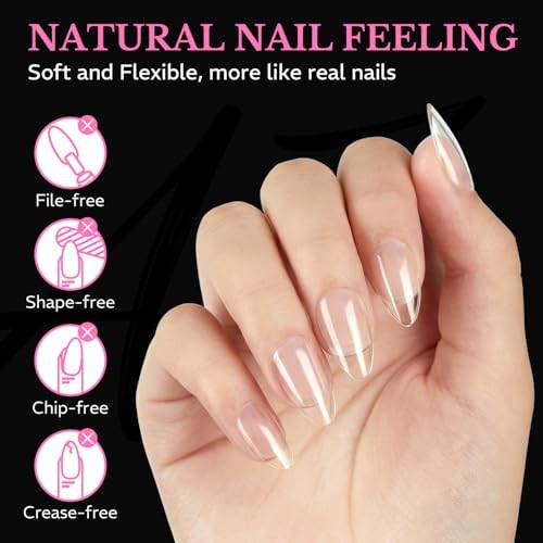 AZUREBEAUTY Almond Nail Tips, 600pcs Pre-Etched Soft Gel Nail Extensions for