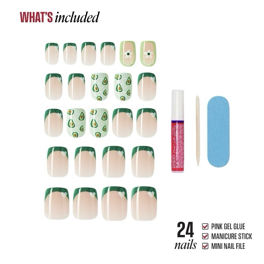 Broadway KISS Dazzling Muse Avocado Green Short Squoval Press On Nails, 28 PCs
