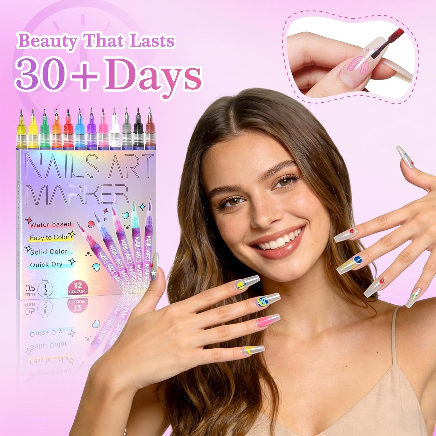 12 Colors Nail Art Marker Pens Set, Nail Markers for Nail Art, Suitable for N…