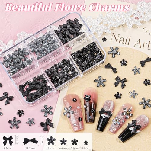 4 Boxes 3D Bow & Flower Nail Charms and Gems, Transparent/Solid Mini 4B-Black