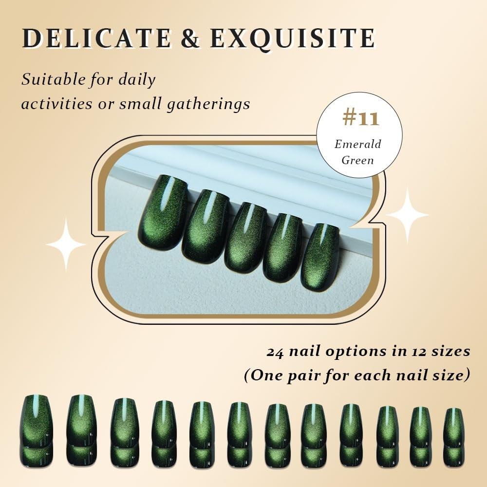 Emerald Green Cat Eye Coffin Press on Nails Square Medium, Medium Square Stick o