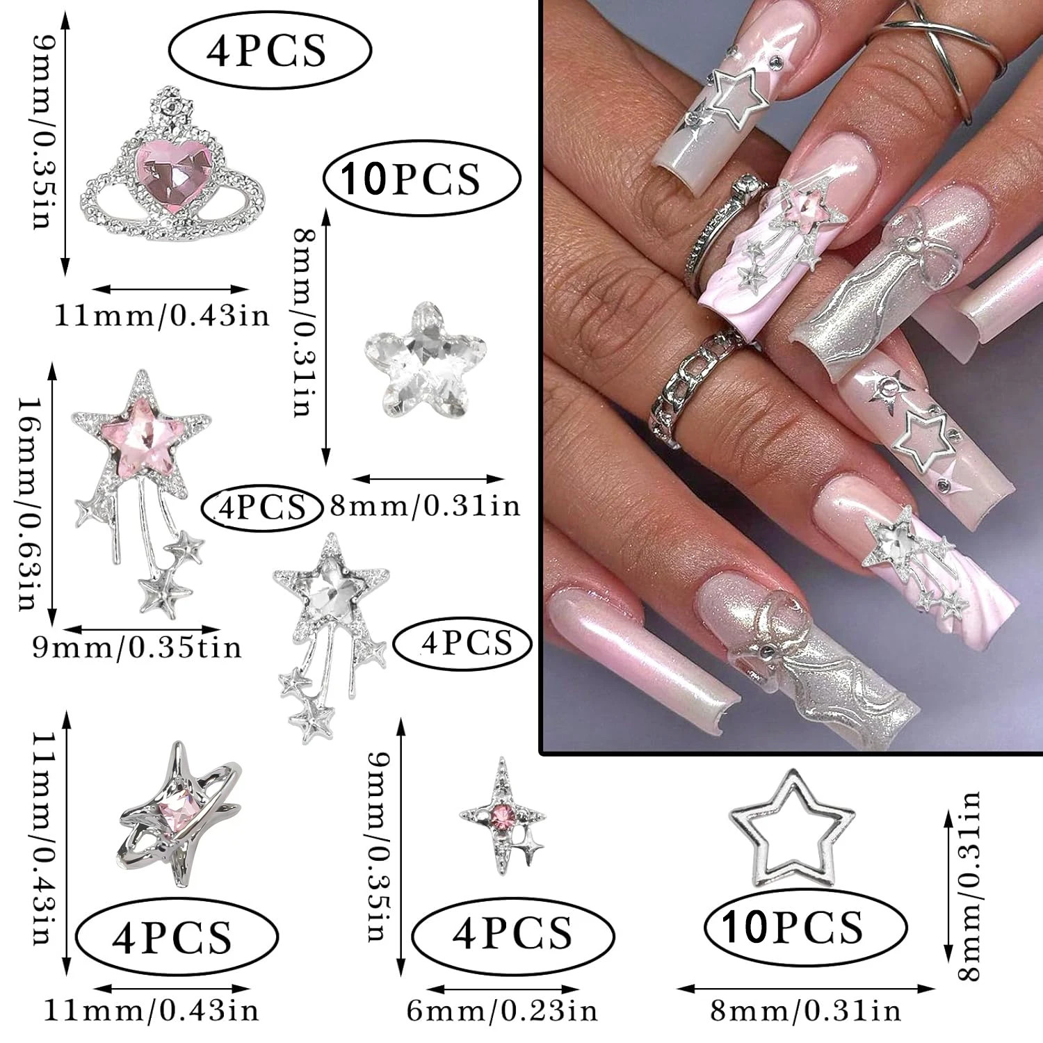 40PCS Y2K 3D Silver Star Nail Charms Pink Nail Rhinestone Multi Style Nail Art