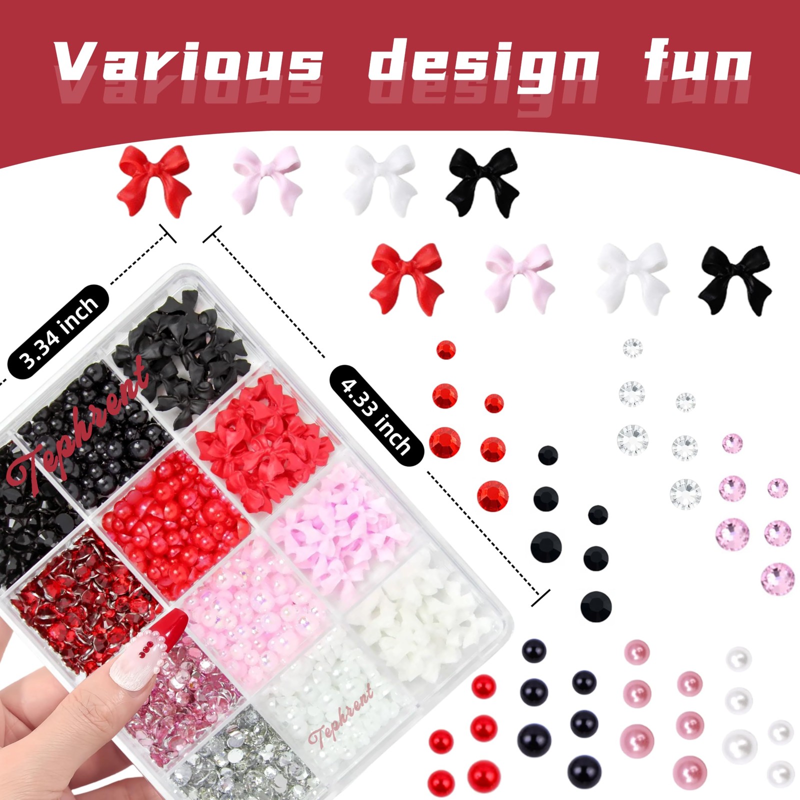 12 Grids Flat Back Rhinestones Colorful Round Glass Gems for Nail Art Black W…