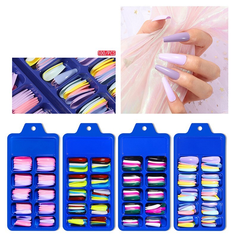 100Pcs False Nail Tips Colors Full Cover Long Ballerina Fake Nails Art Decor DIY