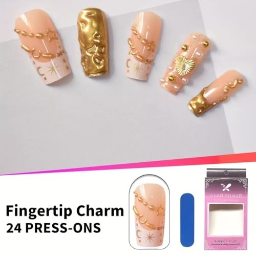 CTTHNBD Gold Press on Nails – Long Square Fake Nails with Star Moon Golden