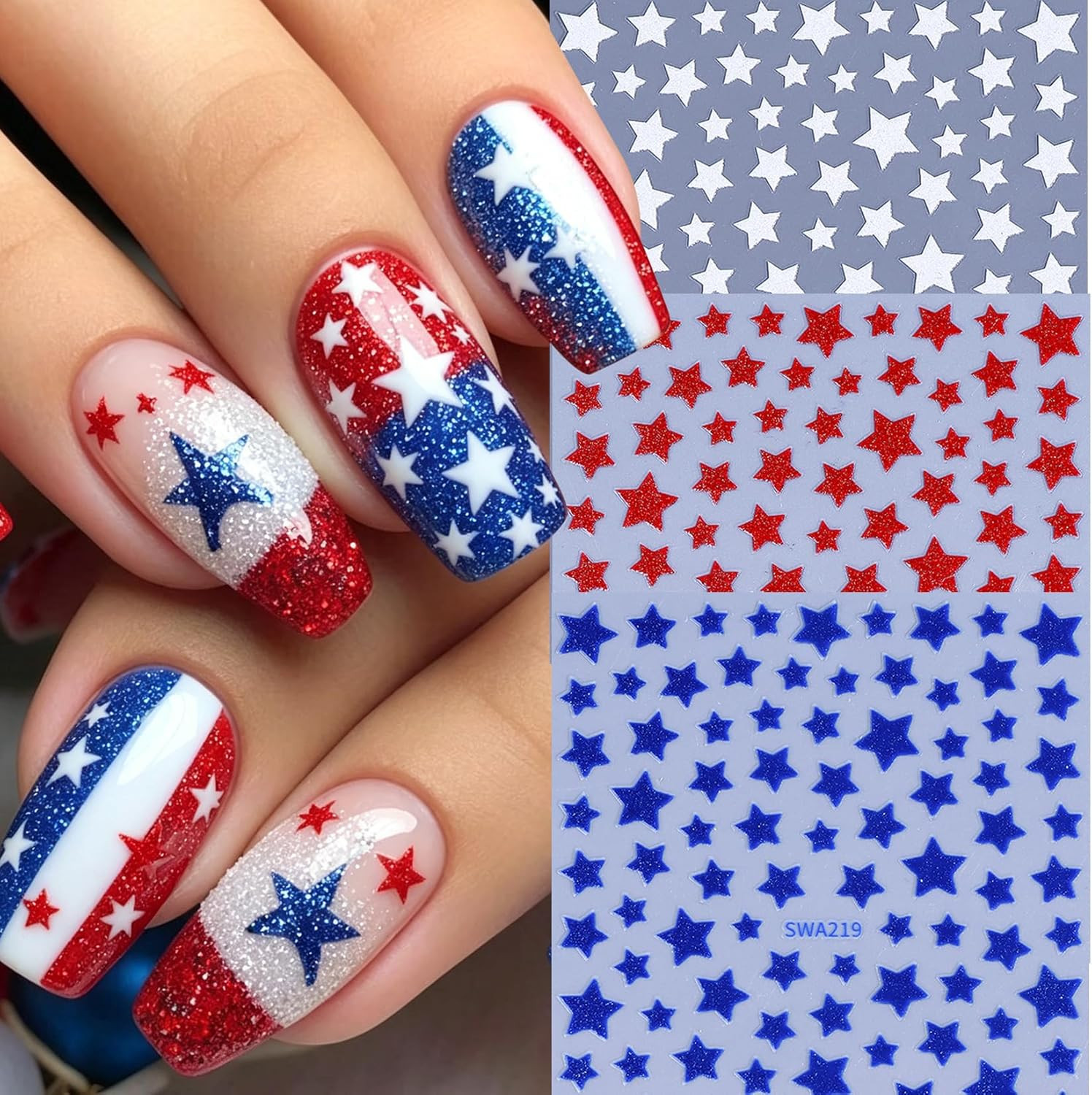 Independence Day Star Nail Art Stickers 12PCS Red White Blue Self Adhesive Nail